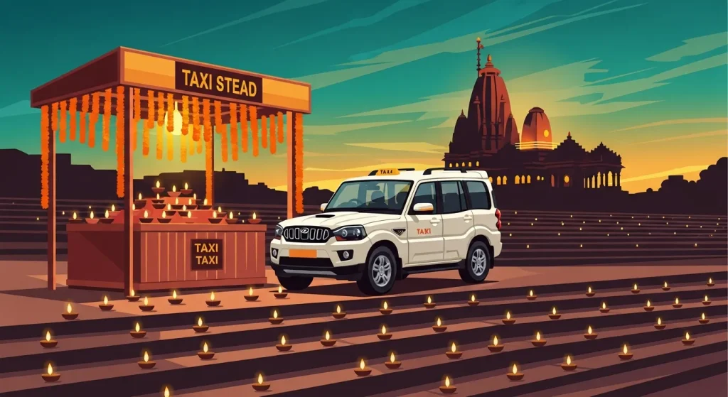 White SUV at Ram Ghat twilight with glowing diyas and marigold garlands – transparent Ujjain taxi price ujjain scene.