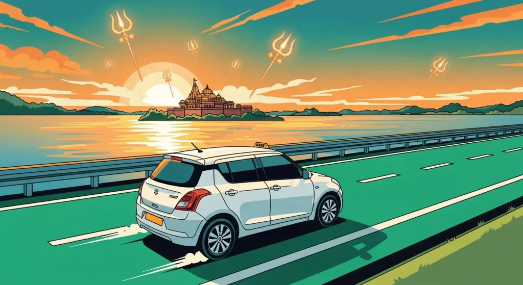 Hatchback taxi on highway to Omkareshwar at golden hour – affordable outstation Ujjain taxi price ujjain journey.