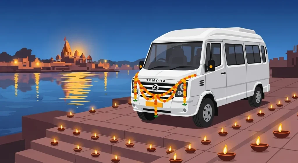 Tempo traveller at Ram Ghat twilight with diyas, garlands and Mahakaleshwar glow – value-packed Ujjain to Omkareshwar taxi options.