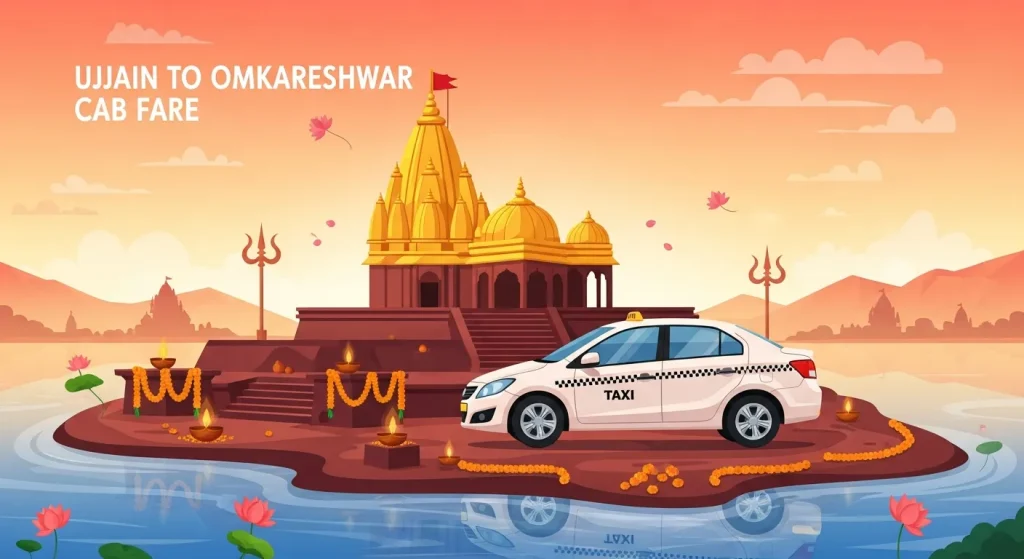 White sedan taxi at Omkareshwar Temple sunrise on Narmada Island with garlands, diyas and trishuls – transparent Ujjain to Omkareshwar taxi pricing journey.